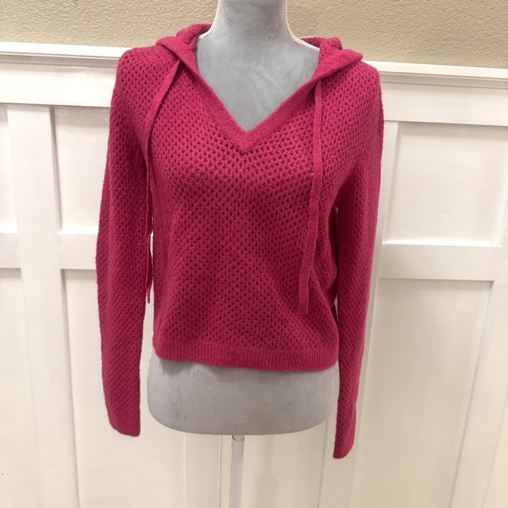 NWT DKNY Open Knit Sequin Hooded Sweater Size:S Pink Cropped V-neck MSRP:$79